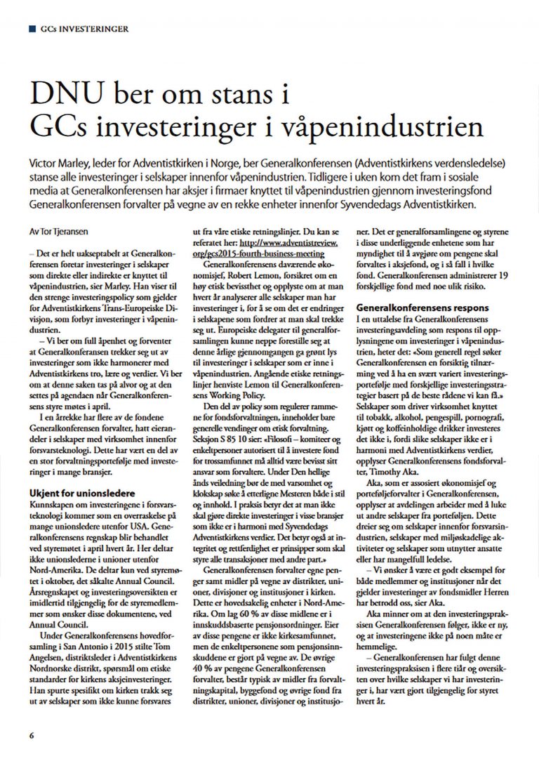 Unión De Noruega (DNU) Pide Un Descanso En La Inversión De La Conferencia General En La Industria de Las Armas (de Guerra)